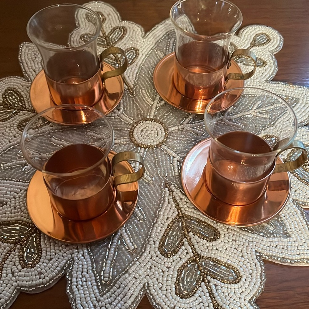 Old Dutch copper & brass espresso coffee set w/saucers & removable glass cups